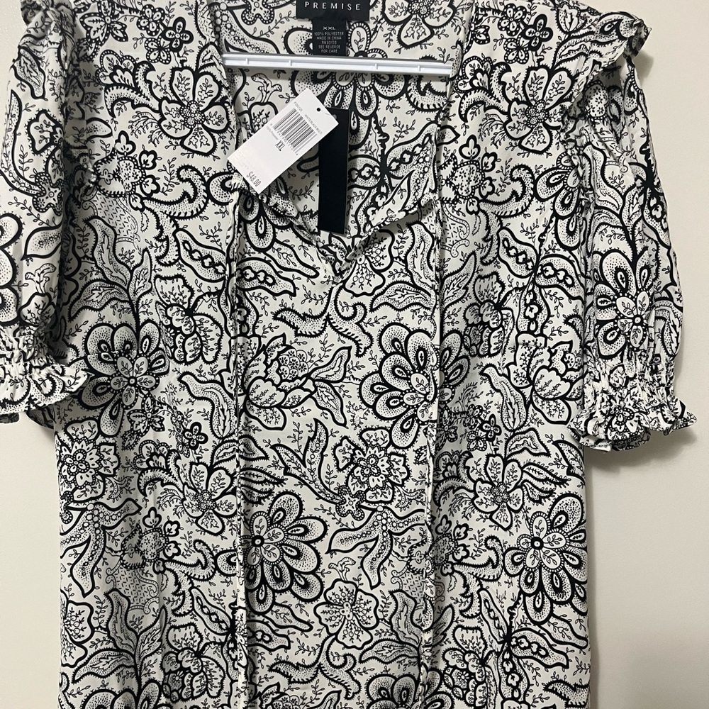 Premise Black & White Floral Tie-Neck Blouse